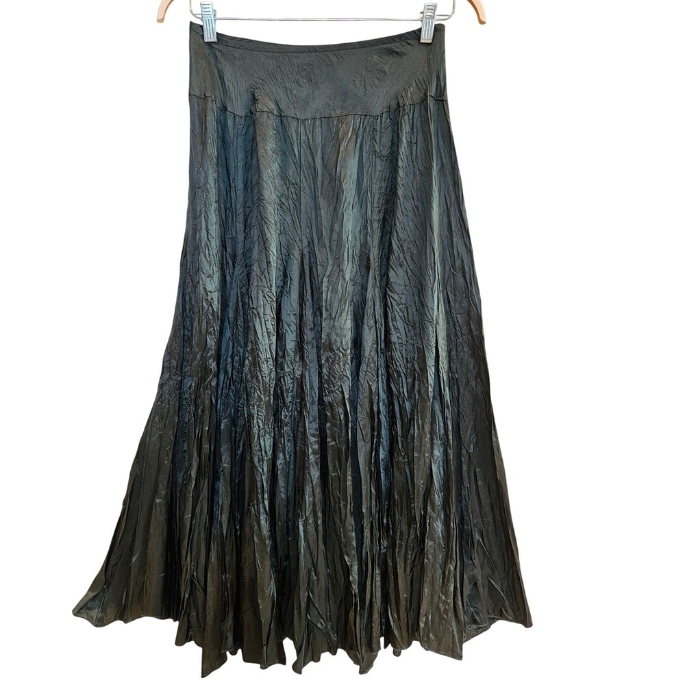 Karen Kane Metallic Crinkle Maxi Skirt Dark Green Emerald Goth Yoke Waist Size S